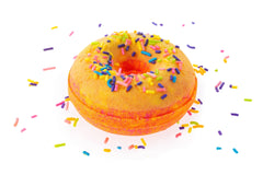 Monkey Farts scented orange bath bomb shaped as a donut with skinsafe sprinkles and colorant